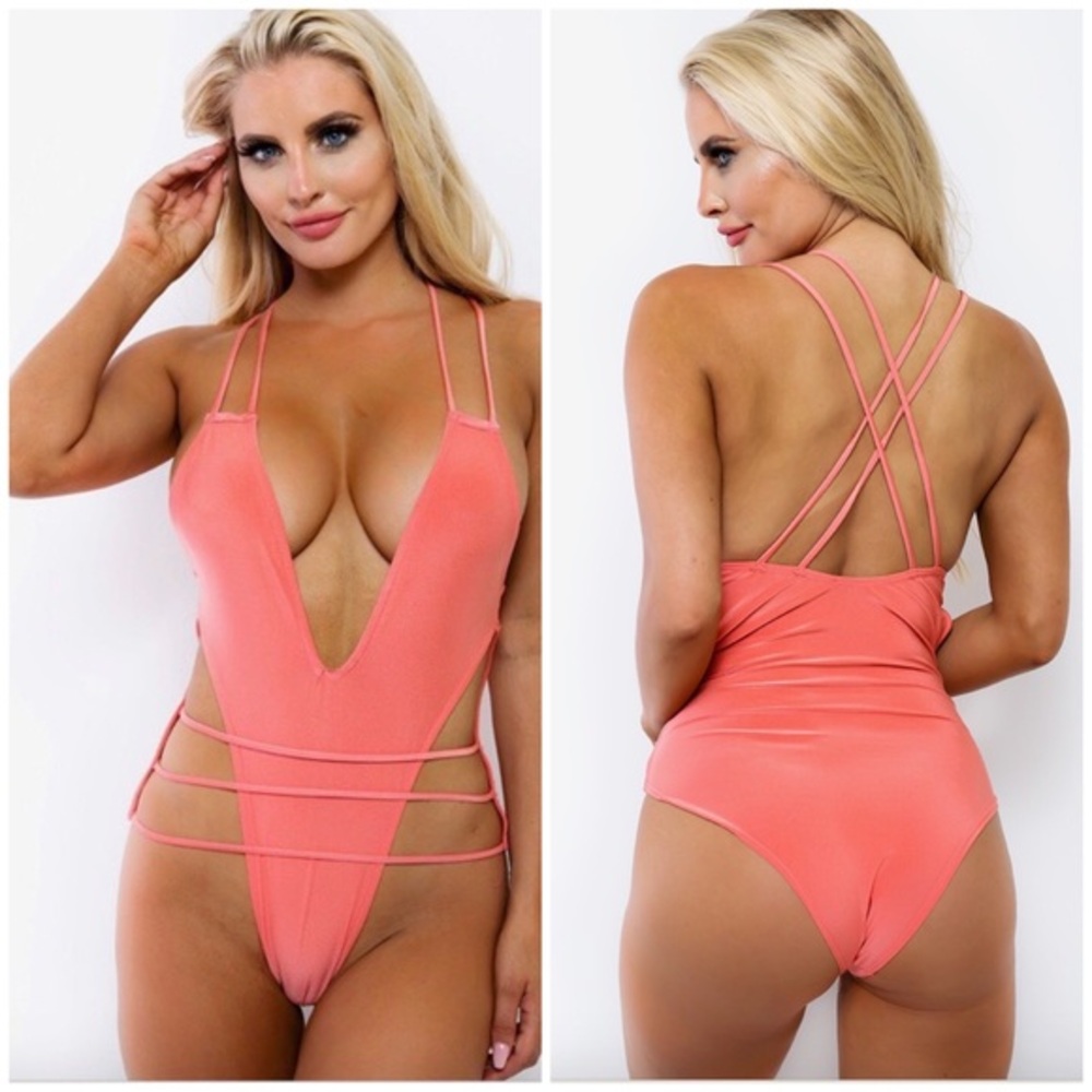 NWT Sexy Coral V-Neck One Piece Swimsuit